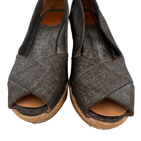 Tory Burch Metallic Filipa Canvas Espadrille Wedges Heels Size 7.5 - Picture 5 of 11